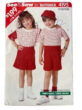 Vintage 80s See & Sew By Butterick 4195 Pattern Size B 5-6-6X Top & Shorts CUT